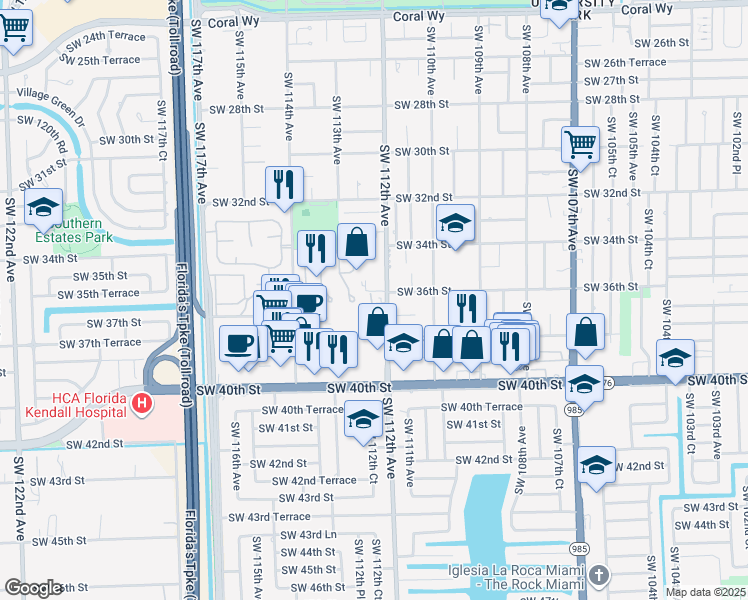map of restaurants, bars, coffee shops, grocery stores, and more near 3610 Southwest 112th Avenue in Miami