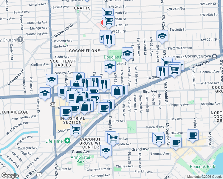 map of restaurants, bars, coffee shops, grocery stores, and more near 2979 Southwest 37th Avenue in Miami