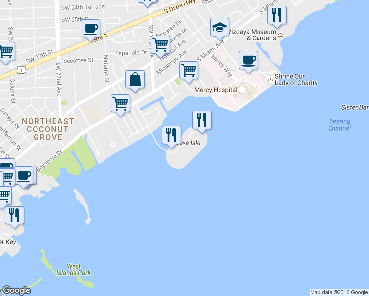 map of restaurants, bars, coffee shops, grocery stores, and more near in Miami