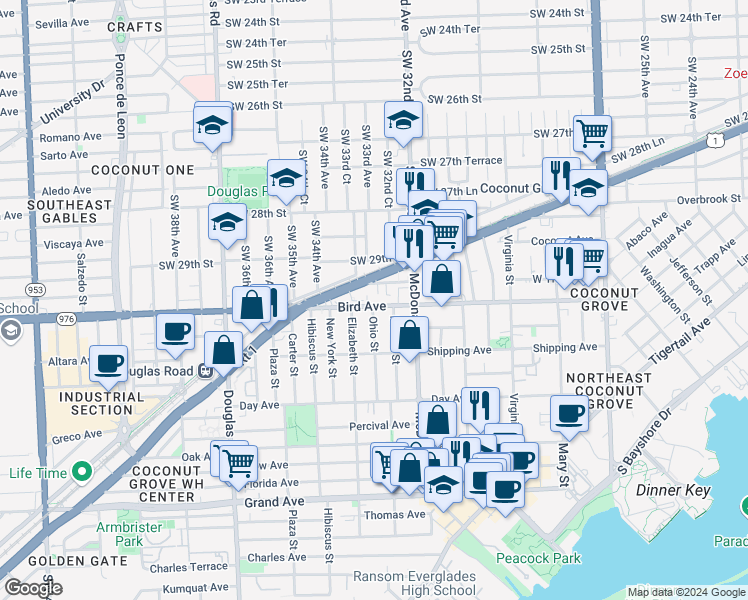 map of restaurants, bars, coffee shops, grocery stores, and more near 3247 Bird Avenue in Miami