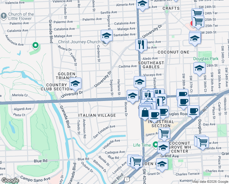 map of restaurants, bars, coffee shops, grocery stores, and more near 607 Velarde Avenue in Coral Gables