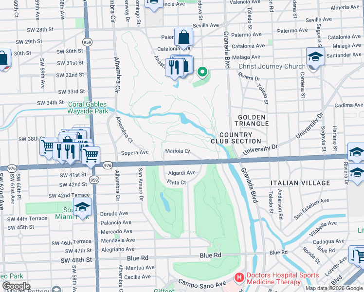 map of restaurants, bars, coffee shops, grocery stores, and more near 1241 Mariola Court in Coral Gables