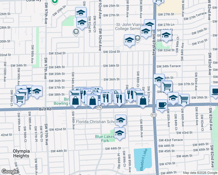 map of restaurants, bars, coffee shops, grocery stores, and more near 3710 Southwest 91 Avenue in Miami