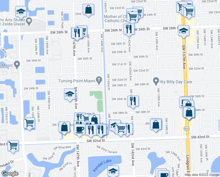 map of restaurants, bars, coffee shops, grocery stores, and more near 3431 Southwest 143rd Place in Miami