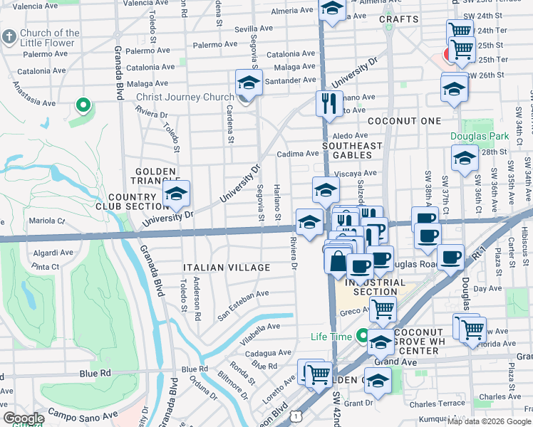 map of restaurants, bars, coffee shops, grocery stores, and more near 607 Velarde Avenue in Coral Gables