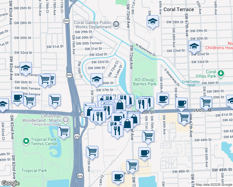 map of restaurants, bars, coffee shops, grocery stores, and more near 7265 Southwest 38th Street in Miami
