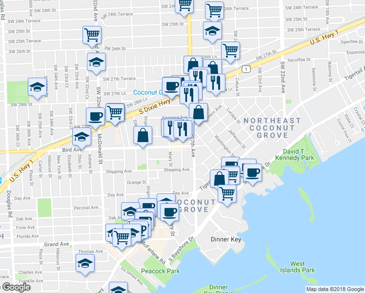 map of restaurants, bars, coffee shops, grocery stores, and more near 2859 Bird Ave in Miami