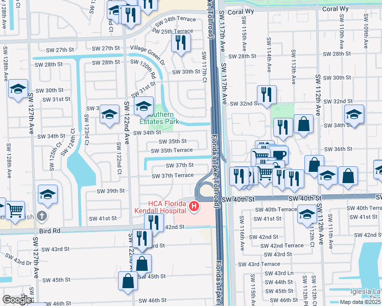 map of restaurants, bars, coffee shops, grocery stores, and more near 11830 SW 35th Terrace in Miami