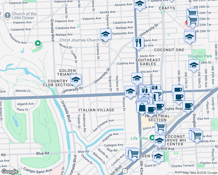 map of restaurants, bars, coffee shops, grocery stores, and more near 607 Velarde Avenue in Coral Gables