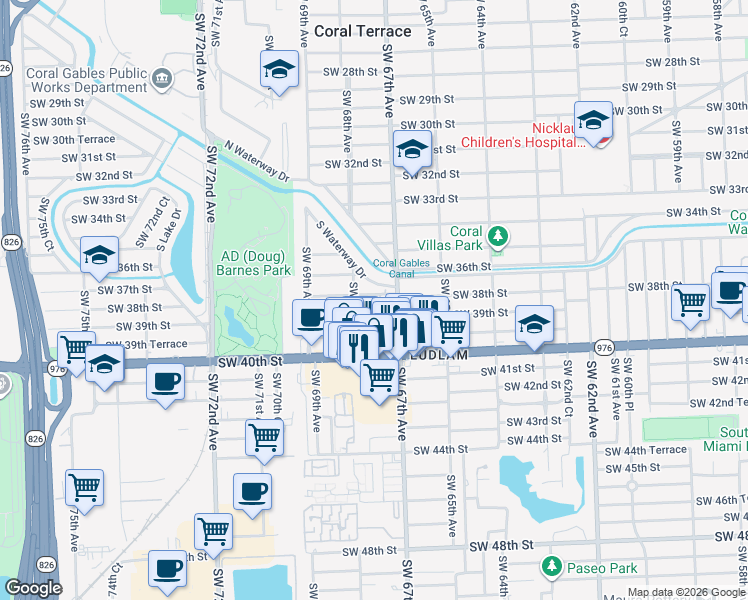 map of restaurants, bars, coffee shops, grocery stores, and more near 6748 Southwest 38th Street in Miami