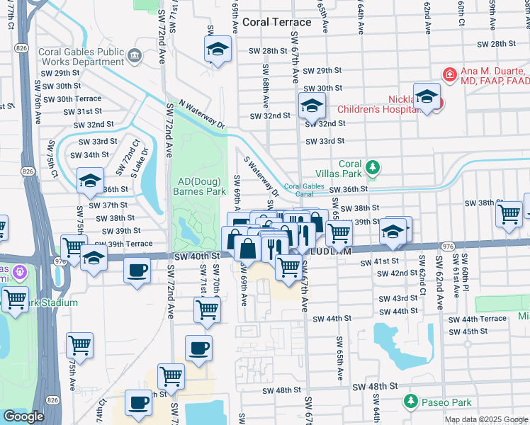 map of restaurants, bars, coffee shops, grocery stores, and more near 6820 Southwest 38th Street in Miami