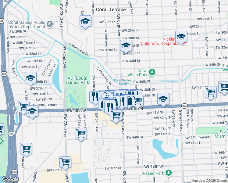 map of restaurants, bars, coffee shops, grocery stores, and more near 6748 Southwest 38th Street in Miami