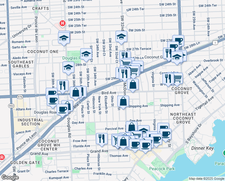 map of restaurants, bars, coffee shops, grocery stores, and more near 3299 Bird Avenue in Miami