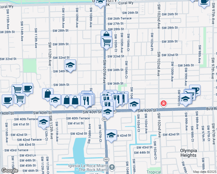map of restaurants, bars, coffee shops, grocery stores, and more near 3610 Southwest 106th Avenue in Miami