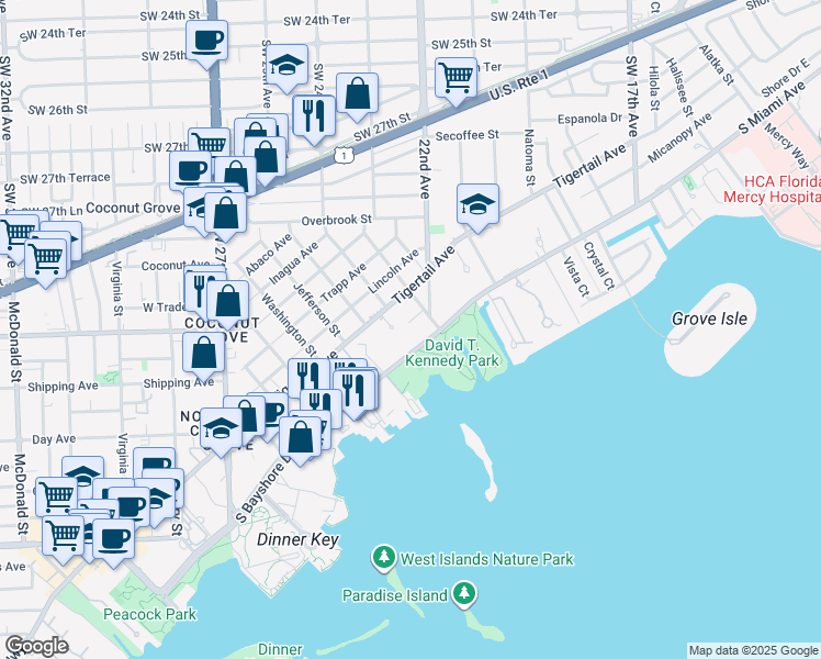 map of restaurants, bars, coffee shops, grocery stores, and more near 2331 Tigertail Court in Miami