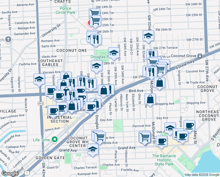 map of restaurants, bars, coffee shops, grocery stores, and more near 2990 Southwest 35th Avenue in Miami