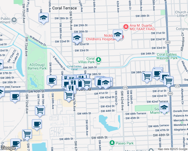 map of restaurants, bars, coffee shops, grocery stores, and more near 6424 Southwest 38th Street in Miami