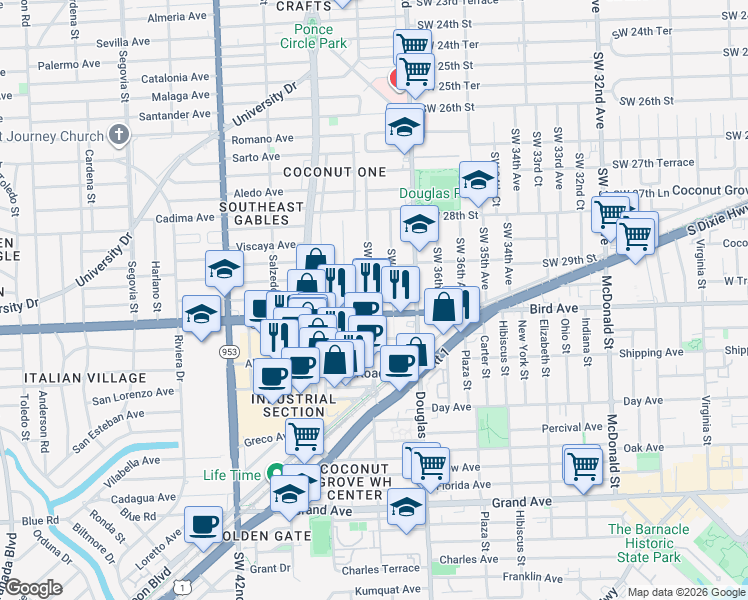 map of restaurants, bars, coffee shops, grocery stores, and more near 2971 Southwest 38th Avenue in Miami