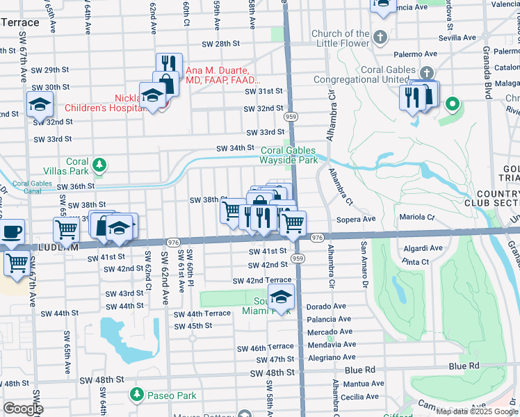 map of restaurants, bars, coffee shops, grocery stores, and more near 5795 Southwest 39th Street in Miami