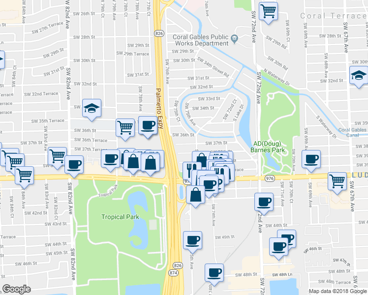 map of restaurants, bars, coffee shops, grocery stores, and more near 7550 Southwest 37th Street in Miami