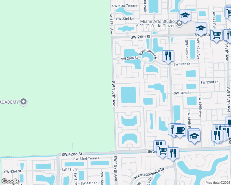 map of restaurants, bars, coffee shops, grocery stores, and more near 3344 Southwest 156th Court in Miami