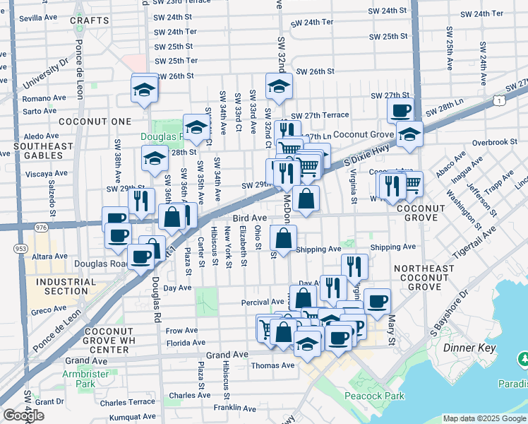 map of restaurants, bars, coffee shops, grocery stores, and more near 3247 Bird Avenue in Miami