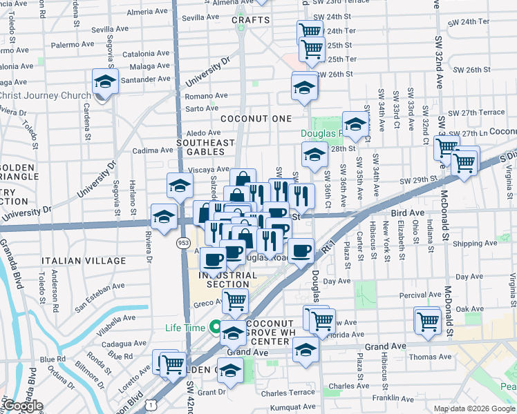 map of restaurants, bars, coffee shops, grocery stores, and more near 2970 Southwest 38th Court in Miami