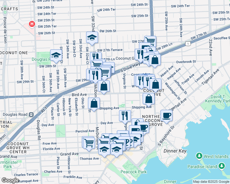map of restaurants, bars, coffee shops, grocery stores, and more near 3099 Bird Avenue in Miami