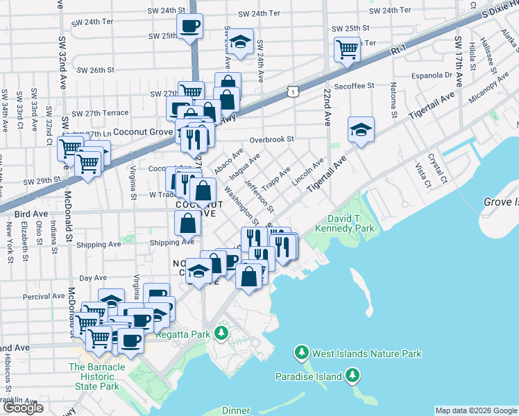 map of restaurants, bars, coffee shops, grocery stores, and more near 3100 Jefferson Street in Miami