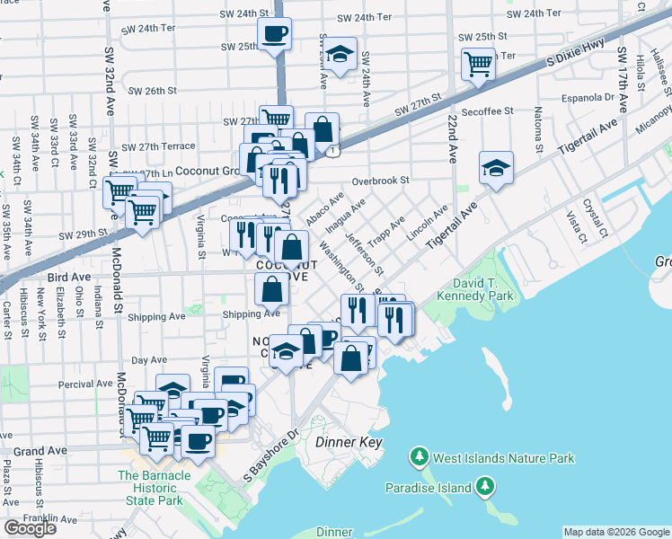 map of restaurants, bars, coffee shops, grocery stores, and more near 2554 Trapp Avenue in Miami