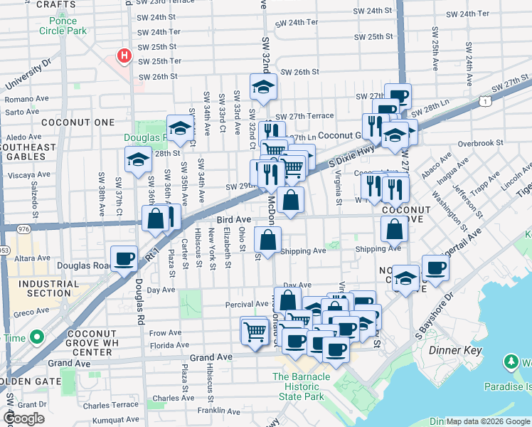 map of restaurants, bars, coffee shops, grocery stores, and more near 2999 McDonald Street in Miami