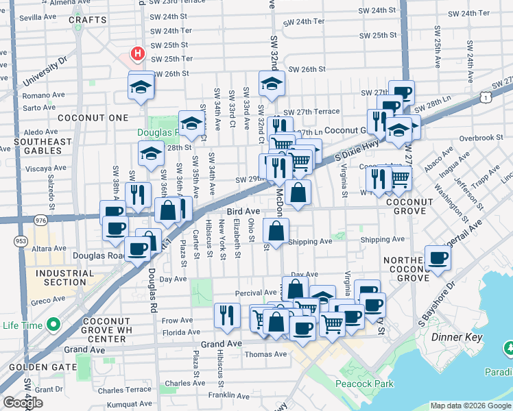 map of restaurants, bars, coffee shops, grocery stores, and more near 3247 Bird Avenue in Miami
