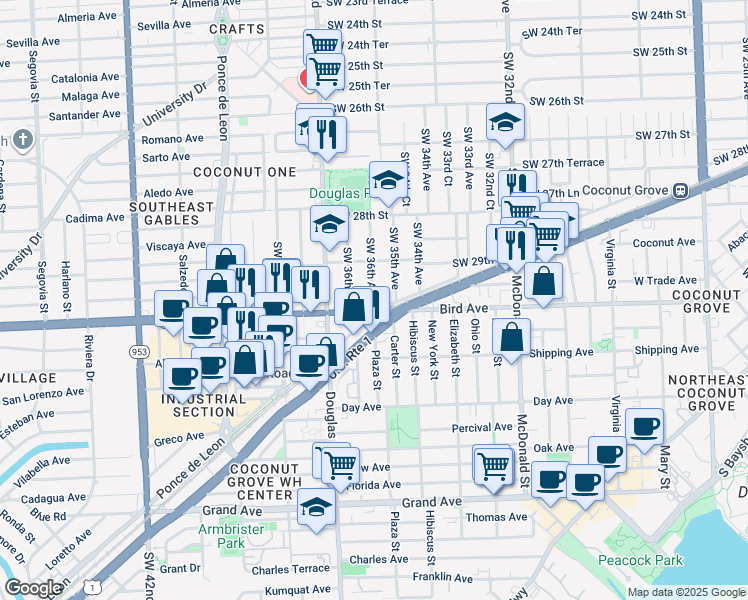 map of restaurants, bars, coffee shops, grocery stores, and more near 2990 Southwest 35th Avenue in Miami