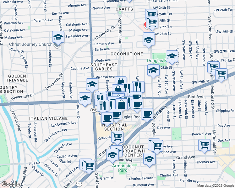 map of restaurants, bars, coffee shops, grocery stores, and more near 202 Velarde Avenue in Coral Gables
