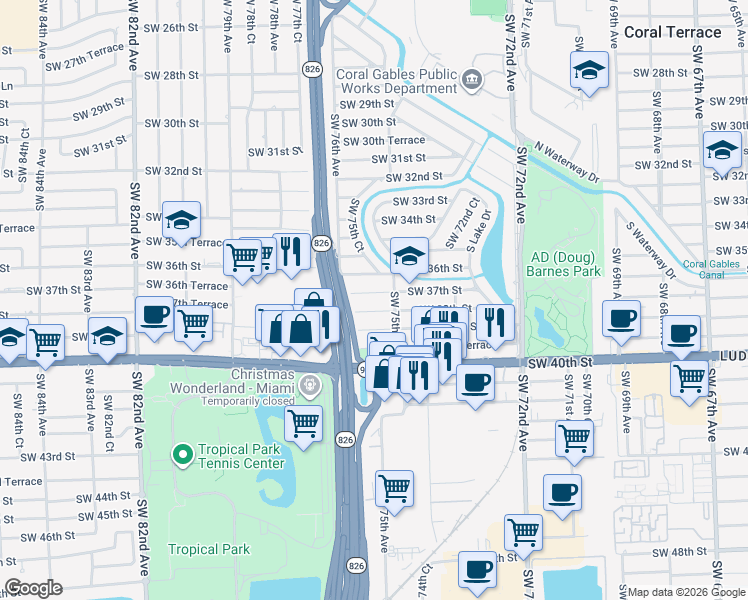 map of restaurants, bars, coffee shops, grocery stores, and more near 7550 Southwest 37th Street in Miami