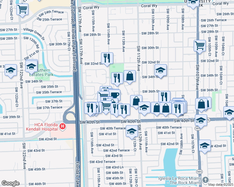 map of restaurants, bars, coffee shops, grocery stores, and more near 3609 Southwest 113th Place in Miami