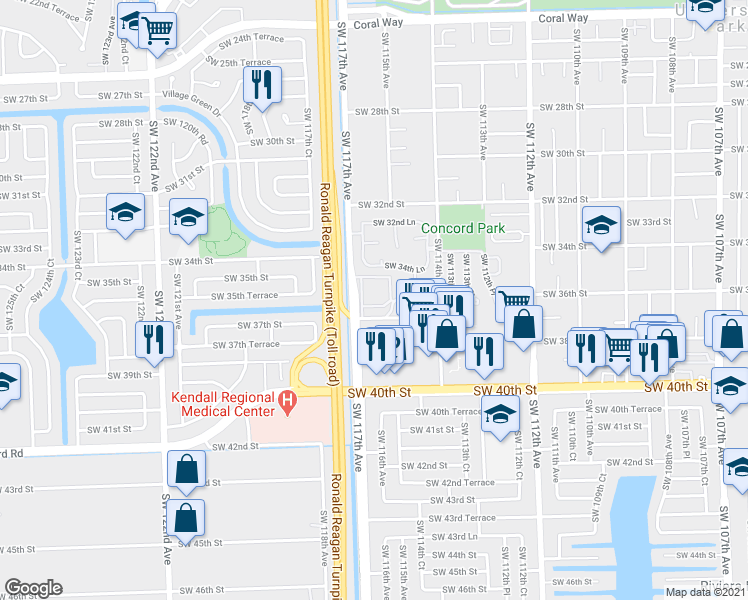 map of restaurants, bars, coffee shops, grocery stores, and more near 3601 Southwest 117th Avenue in Miami