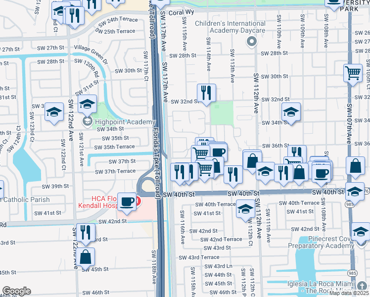 map of restaurants, bars, coffee shops, grocery stores, and more near 3601 Southwest 117th Avenue in Miami