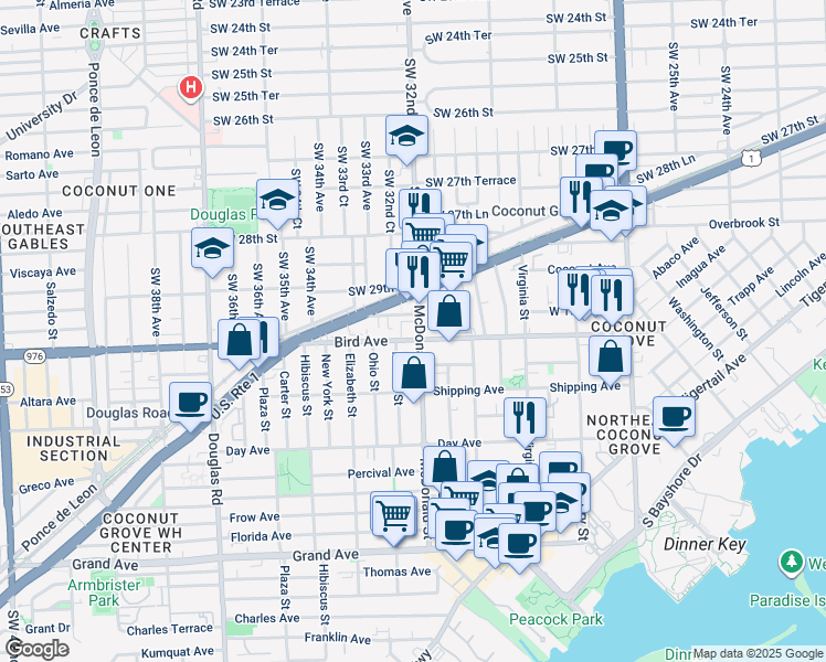 map of restaurants, bars, coffee shops, grocery stores, and more near 3205 Bird Avenue in Miami