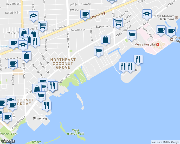 map of restaurants, bars, coffee shops, grocery stores, and more near 3519 Bayshore Villas Drive in Miami
