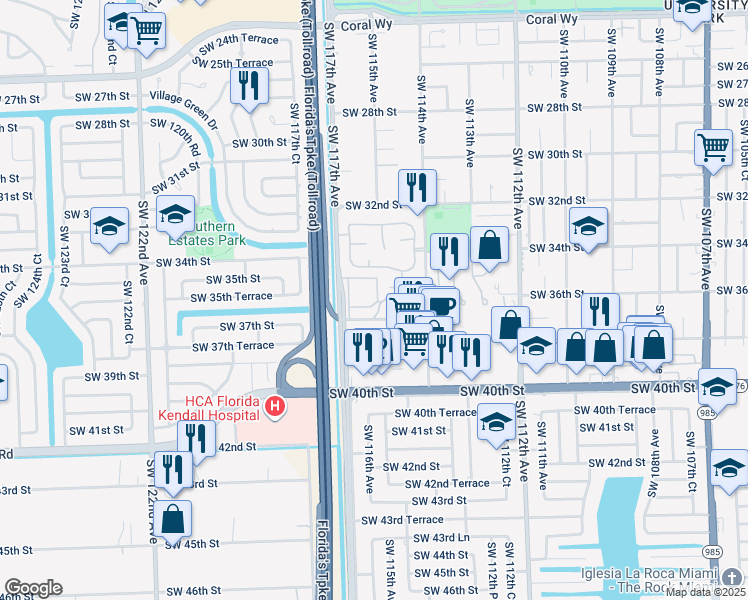 map of restaurants, bars, coffee shops, grocery stores, and more near 3601 Southwest 117th Avenue in Miami