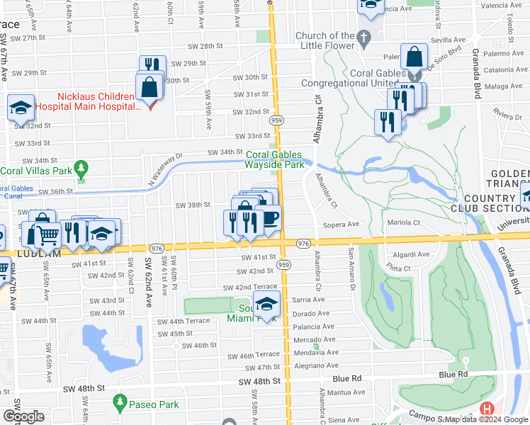 map of restaurants, bars, coffee shops, grocery stores, and more near 5745 Southwest 39th Street in Miami