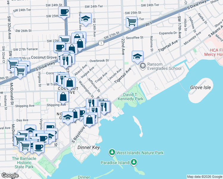 map of restaurants, bars, coffee shops, grocery stores, and more near 2450 Tigertail Avenue in Miami