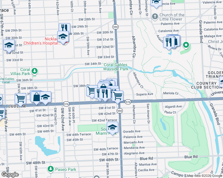 map of restaurants, bars, coffee shops, grocery stores, and more near 5745 Southwest 39th Street in Miami