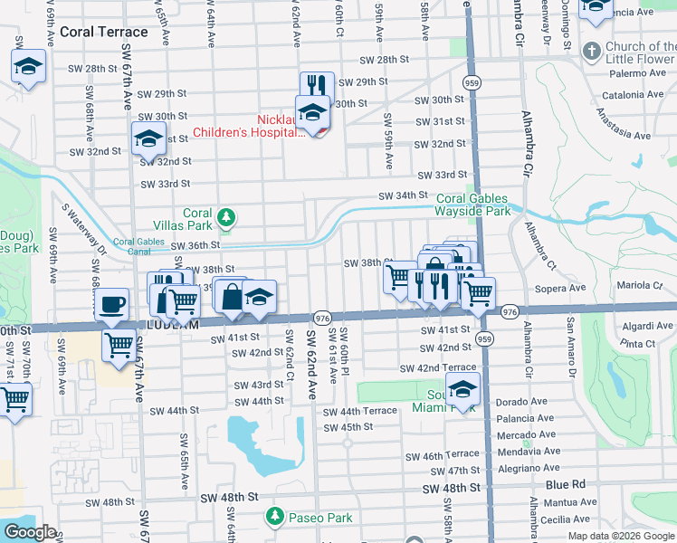 map of restaurants, bars, coffee shops, grocery stores, and more near in Coral Terrace