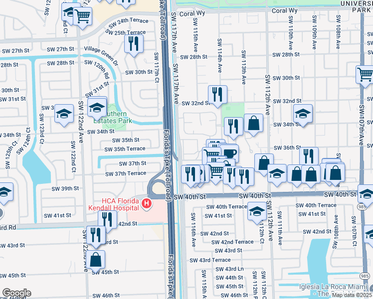 map of restaurants, bars, coffee shops, grocery stores, and more near 360 Southwest 116th Place in Miami