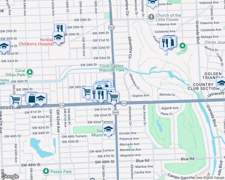 map of restaurants, bars, coffee shops, grocery stores, and more near 5745 Southwest 39th Street in Miami