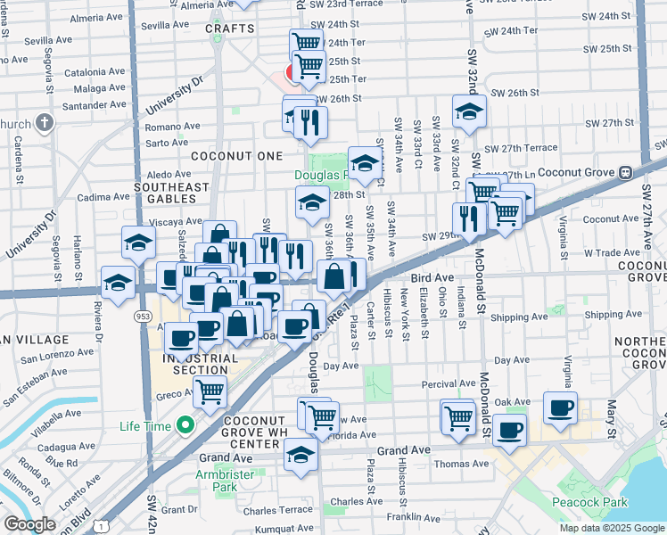 map of restaurants, bars, coffee shops, grocery stores, and more near 2977 Southwest 36th Court in Miami