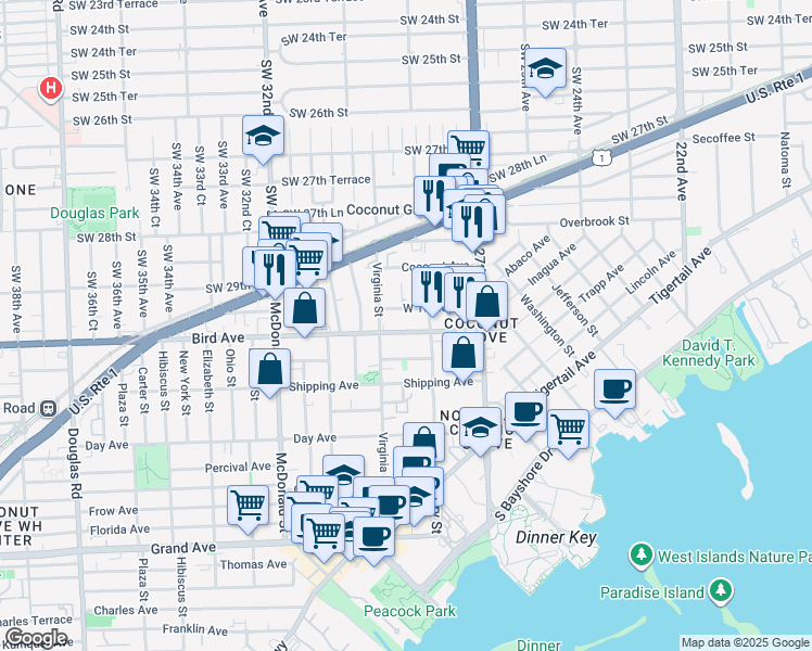 map of restaurants, bars, coffee shops, grocery stores, and more near 2969 Bird Avenue in Miami