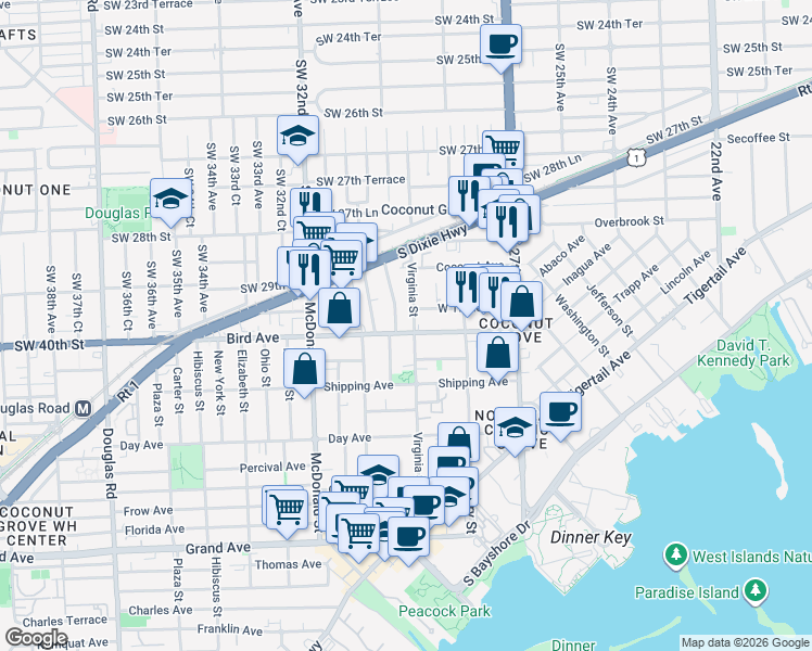 map of restaurants, bars, coffee shops, grocery stores, and more near 2990 Southwest 30th Court in Miami